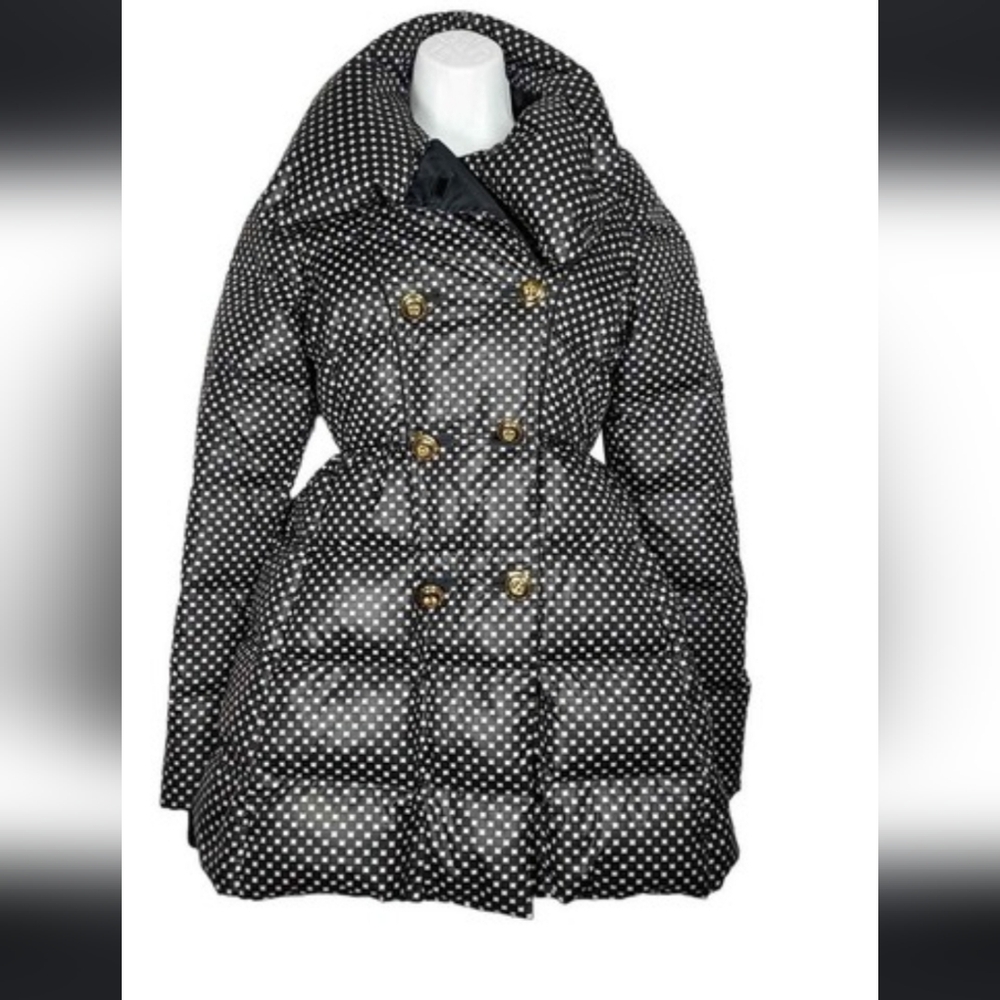 Juicy Couture Down Puffer Coat Black Dot Double Breasted Fit Flare Size XS